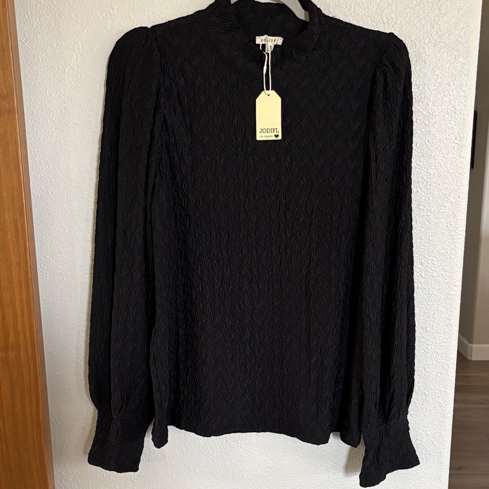 JODIFL Black Textured Long Sleeve Top with Puff Shoulders